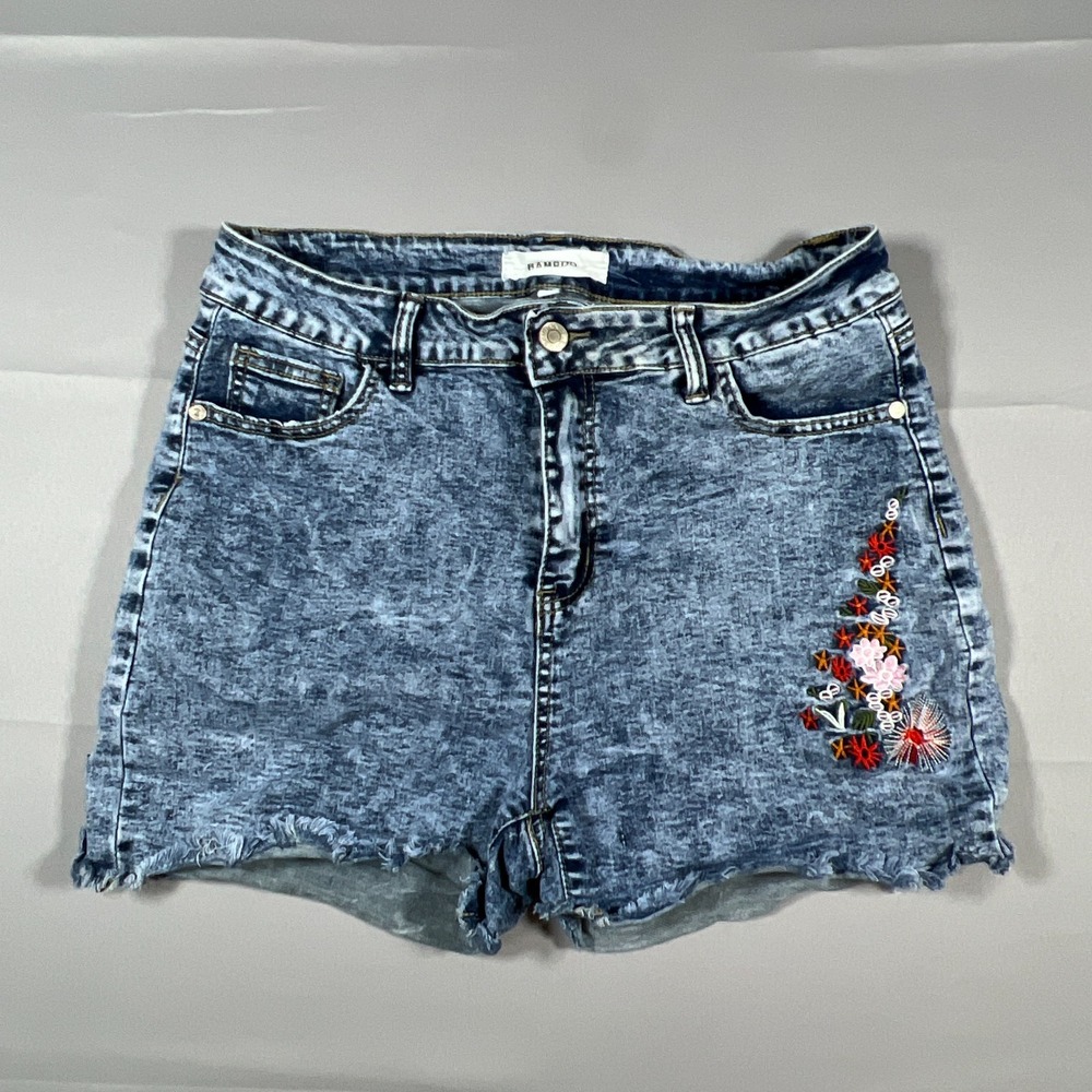 Bamboo Denim Cut Off Shorts Women 13-14 Blue Cotton Floral Embroidered Acid Wash